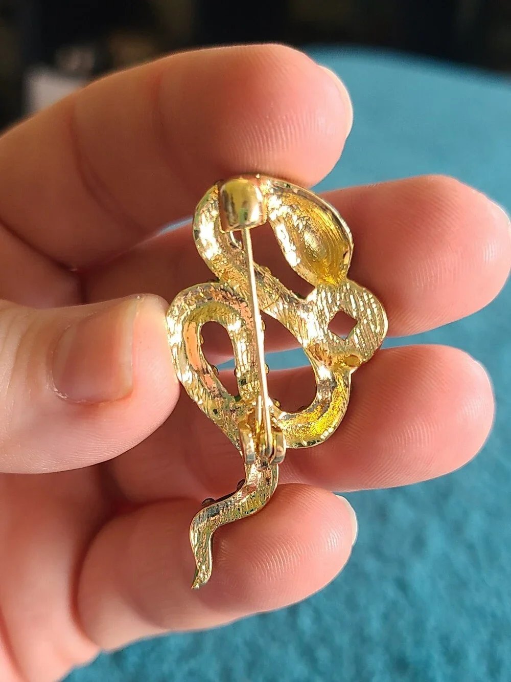 Vintage Green Enamel Snake Brooch with Turquoise Accent